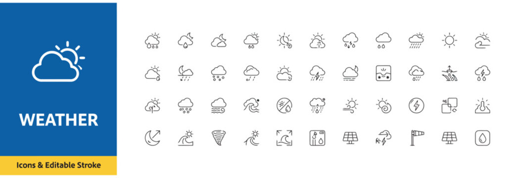 Collection of weather icons and symbols for forecasting and meteorology, editable stroke