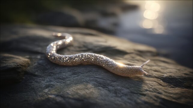 Glistening snail with reflective slime trail curves across a textured surface in soft sunlight