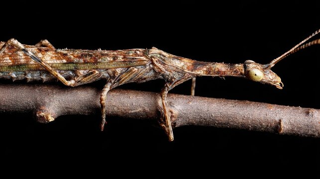 Highly detailed macro photograph of a camouflaged stick insect blending perfectly with its wooden perch