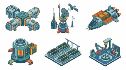 Isometric futuristic spacecraft and space station collection. © berkah nikah