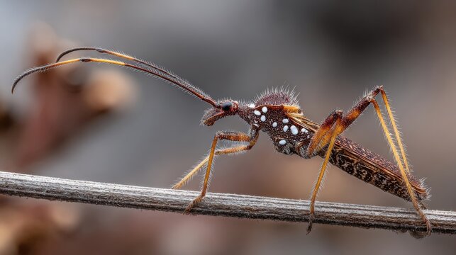 Intricate Assassin Bug with Elongated Beak and Spiky Thorax Perched on Twig