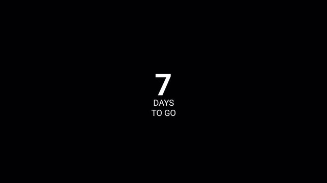 7 days to go count up animation seven days running counting zero to seven days 0 to 7 days on with alpha transparent background.
