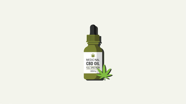 A green glass dropper bottle of CBD oil with a hemp leaf illustration.