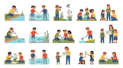 Fototapeta premium Flat Vector Illustration Set: Children Learning Science Nature Outdoors. Kids Outdoor Education Activities.