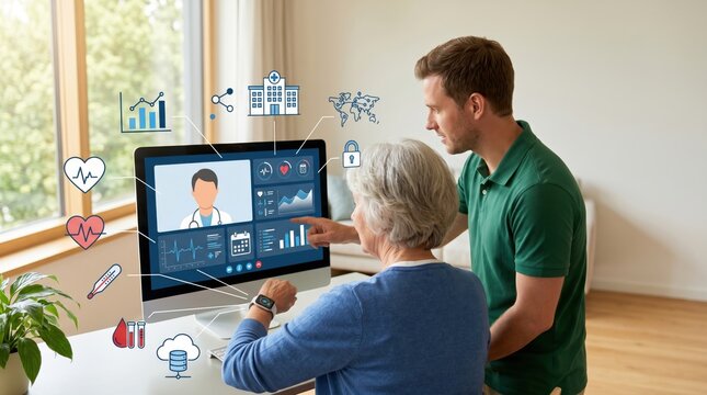 Senior woman having telemedicine consultation with doctor on computer screen at home, assisted by son, healthcare technology concept
