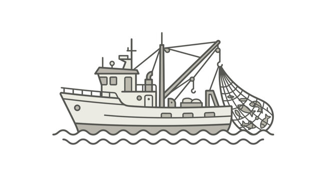 Commercial fishing trawler boat with net at sea