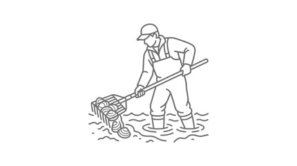 Obraz premium Fisherman harvesting shellfish with rake line art.