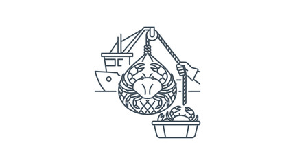 Fisherman harvesting crabs from a net into a container. © rasyy