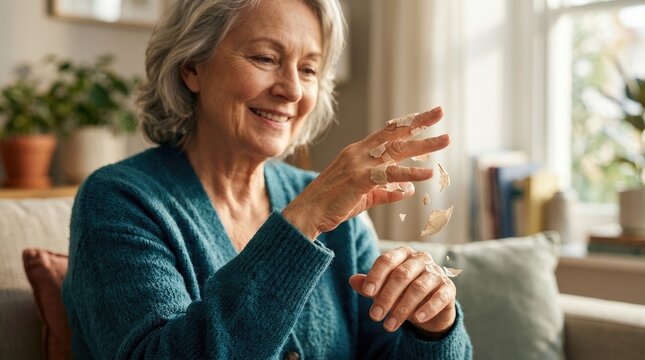 Elderly woman affliction: arthritis impact, arthrosis symptom, osteoarthritis problem, osteoarthrosis condition, hand fragility, joint ache, finger immobility, bone pain.