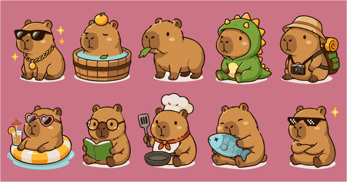 capybara characters sticker pack, kawaii funny animal mascot vector collection with dinosaur costume and onsen bath