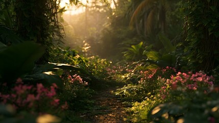 Fototapeta premium An exotic tropical jungle path is filled with blooming wildflowers bathed in the warm glow of a golden sunset