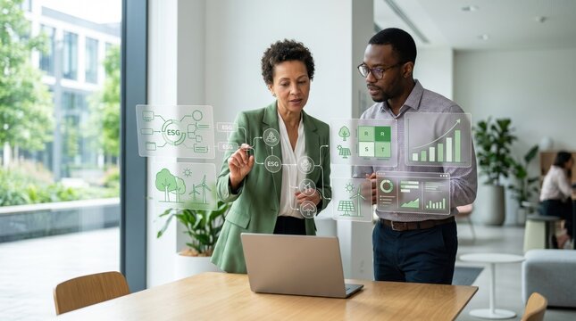 Diverse business team analyzing ESG data, sustainable investment charts, and green energy trends on futuristic holographic interface in modern office.