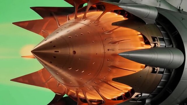 Close-up of a jet engine combustion chamber on a green screen background