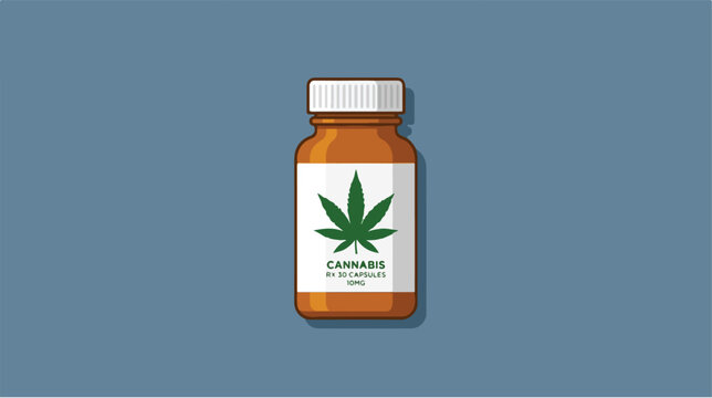 Medical cannabis bottle illustration with green marijuana leaf symbol.