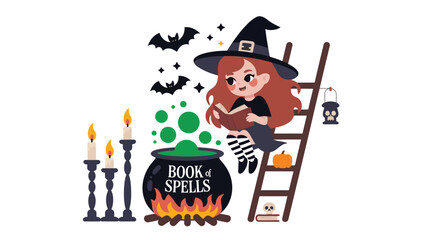 Obraz premium Cute little witch reading a book of spells near a bubbling cauldron and flickering candles