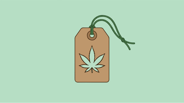 Minimalist vector illustration of a cannabis leaf icon on a hanging price tag.