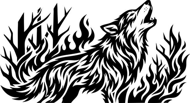 Howling Wolf Tribal Tattoo Style Illustration with Flames