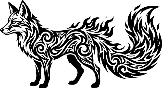 Tribal fox tattoo style silhouette with swirl patterns