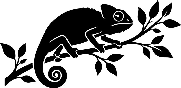 Chameleon silhouette on a leafy branch vector illustration
