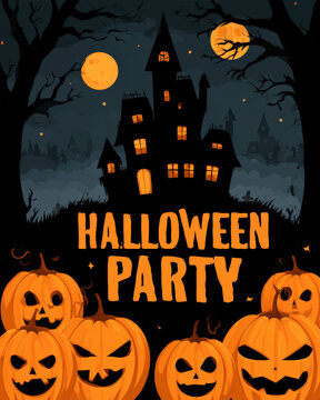 Halloween Halloween Party Poster With Haunted Castle Pumpkins and Orange Moon