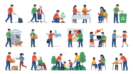 Fototapeta premium Flat Style Vector Icons of People Helping Others and Volunteering