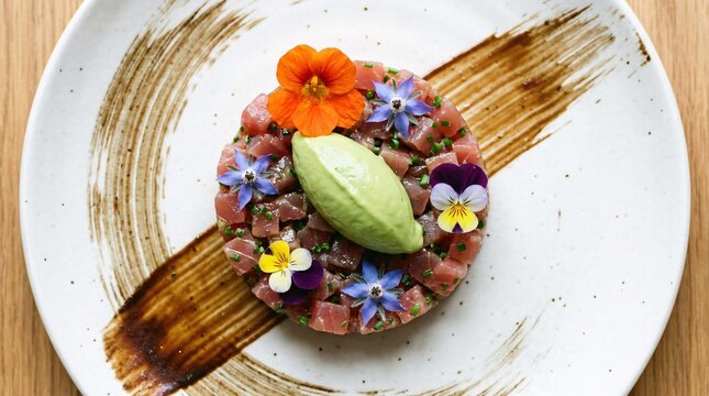 A dish with brown sauce and gold edible flowers on a white plate with a brioocheegriff garnish
