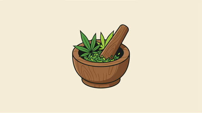 Wooden mortar and pestle with fresh cannabis leaves for herbal medicine preparation.