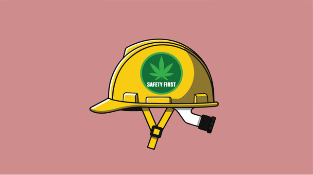 Yellow construction hard hat with a cannabis leaf logo sticker.