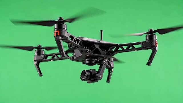 Drone flying with green screen background, modern aerial technology