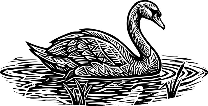 Elegant Swan Swimming on Water Linocut Style Illustration