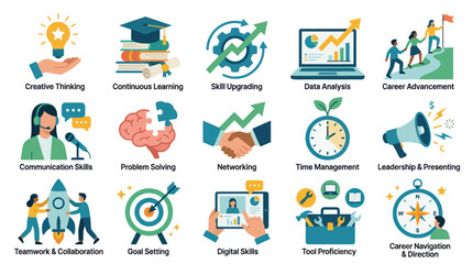 Fototapeta premium Flat Design Business Career Soft Skills Icons. Professional Development, Training Growth Concepts Vector Set.