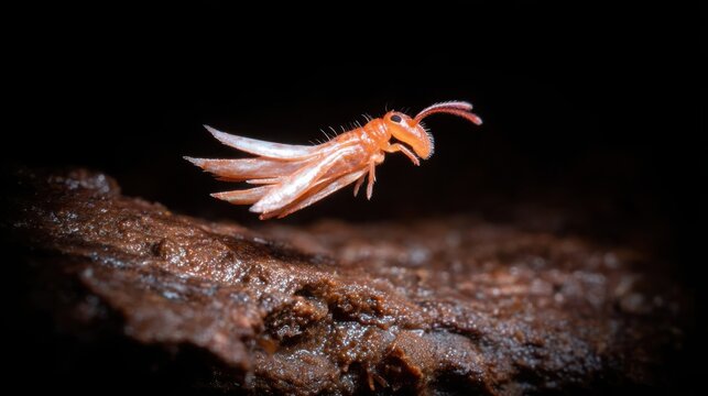Tiny orange springtail insect captured mid-jump with remarkable force from a textured brown surface