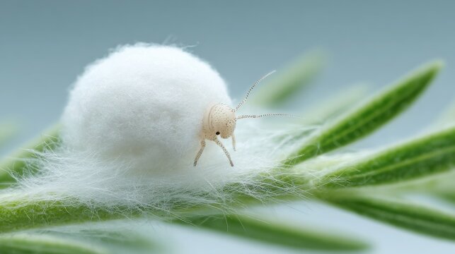 Tiny Spittlebug Nymph in White Foamy Secretion on Green Plant Stem Macro
