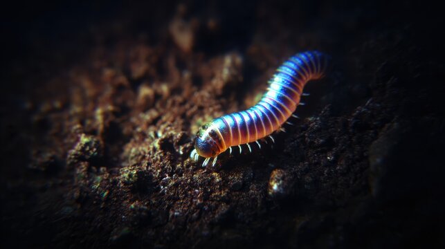 Vibrant segmented millipede with blue and orange hues crawling on dark soil