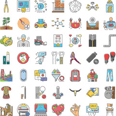 Obraz premium Collection of line color icons, representing a wide range of themes including construction, nature, medical tools, technology, animals, and everyday objects for diverse design needs