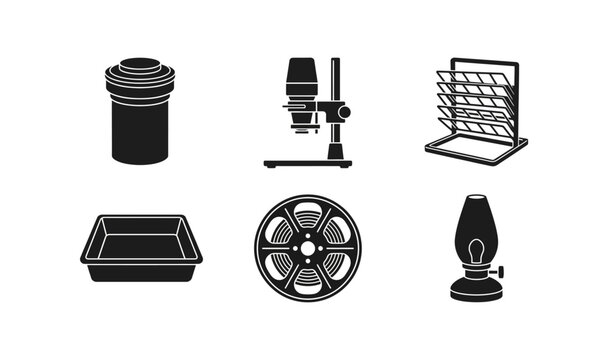 Set of black and white photography development equipment icons featuring darkroom tools and traditional film processing gear for vintage analog art