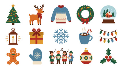 Fototapeta premium Christmas Holiday Winter Flat Design Vector Icon Set with Festive Elements for Celebration and Decoration