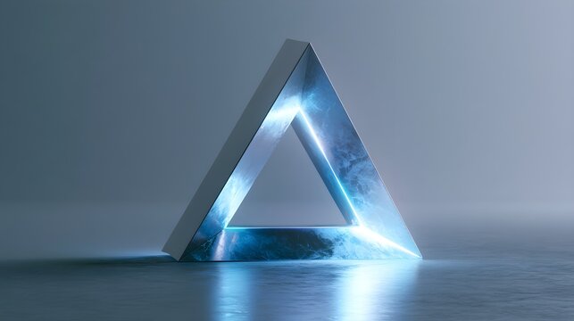 Impossible Triangle Sculpture with Sharp Neon Light Beam and Sleek Chrome Monolith