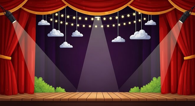 Empty Cartoon Theater Stage with Red Curtains and Spotlights