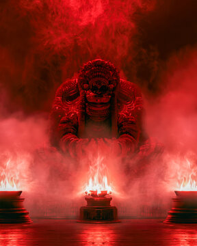 Theyyam Festival Ritual Dancer Emerging through Red Smoke and Sacred Fire