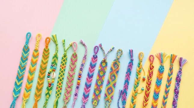 Handmade colorful friendship bracelets arranged in rainbow pattern on light background