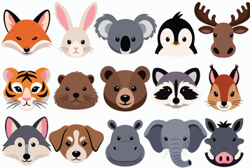 Fototapeta premium Collection of various cute animal faces including fox rabbit koala penguin moose tiger raccoon and others in a flat cartoon style.