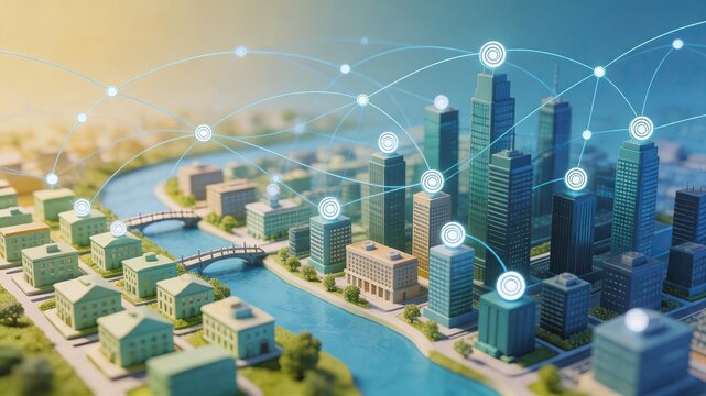 Futuristic smart city model with connected buildings network nodes data flow lines representing internet of things IoT infrastructure digital transformation urban technology
