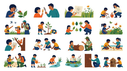 Fototapeta premium Education Flat Vector Art: Kids Adults Learning Nature, Environment, and Outdoor Exploration
