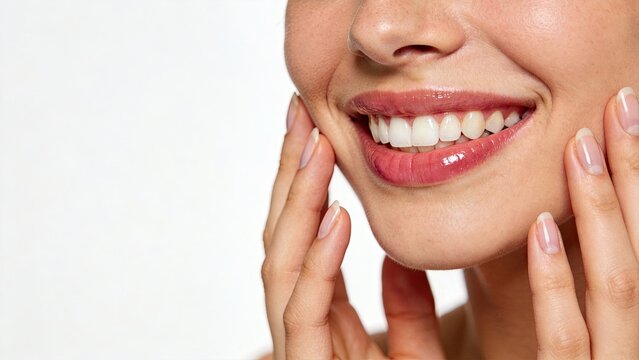Close-up portrait of a beautiful woman smiling with perfect white teeth and pink glossy lips, hands touching face gently on white background, beauty and dental health concept