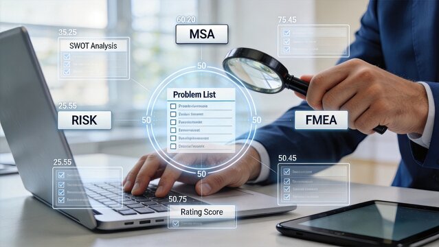 Businessman analyzing risk and strategy with magnifying glass over digital interface showing SWOT, FMEA