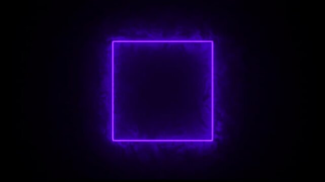 Abstract mauve neon rectangle frame animation with mysterious smoke overlay, vibrant purple power lines light effect isolated on black 4K