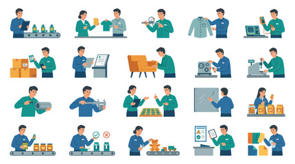 Fototapeta premium Flat Vector Illustrations of Quality Control and Manufacturing Process Inspection in Various Industries