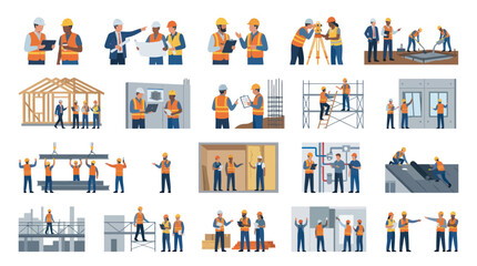 Fototapeta premium Construction Industry Engineers, Architects, and Workers Flat Vector Illustration Set: Building Process Teamwork