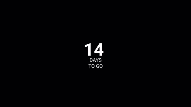  14 days to go count up animation fourteen days running counting zero to fourteen days 0 to 14 days on with alpha transparent background.